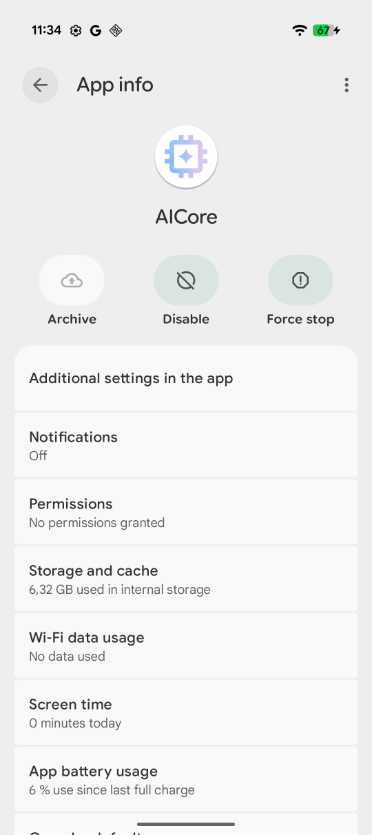 Android app info screen for AICore with storage and cache information