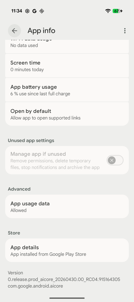 Android app info screen for AICore with installed version number