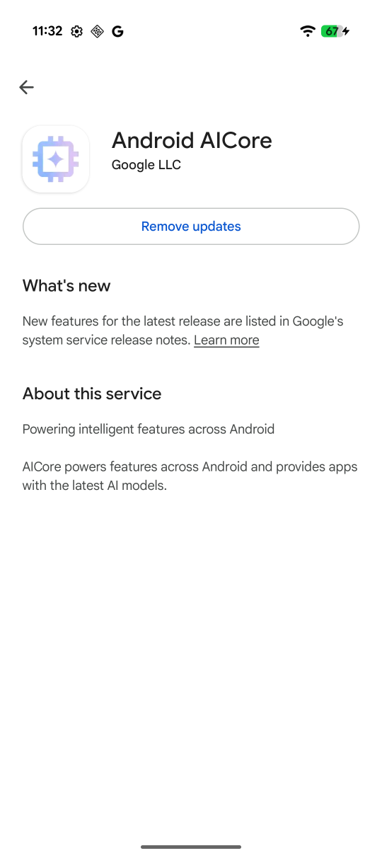 Google system services detail page for Android AICore