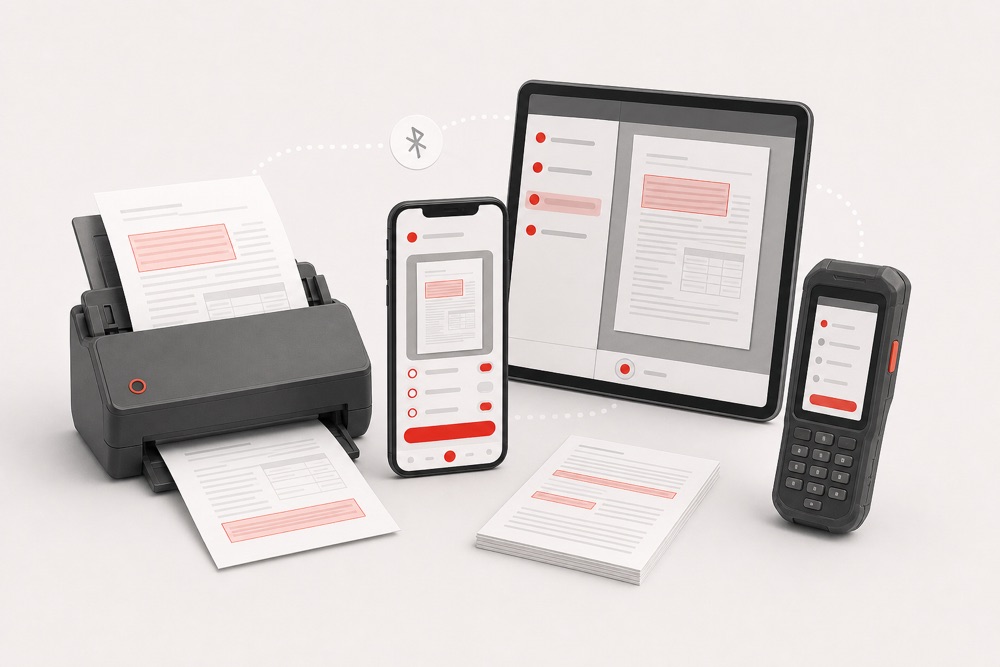 Illustration verbundener Smartphones, Scanner und mobiler Spezialgeräte