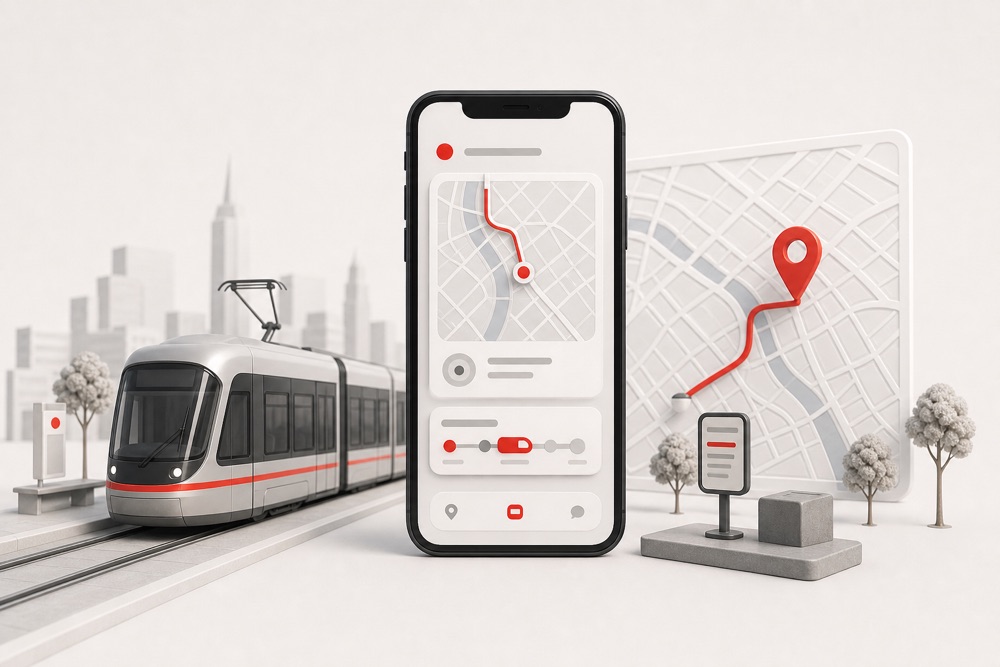 Illustration einer mobilen Navigation mit Stadtkarte und öffentlichem Verkehr