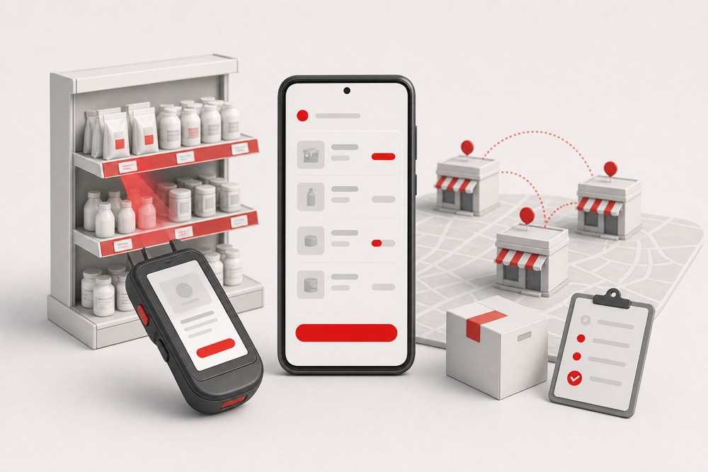 Illustration einer mobilen Bestell- und Inventarlösung für mehrere Filialen