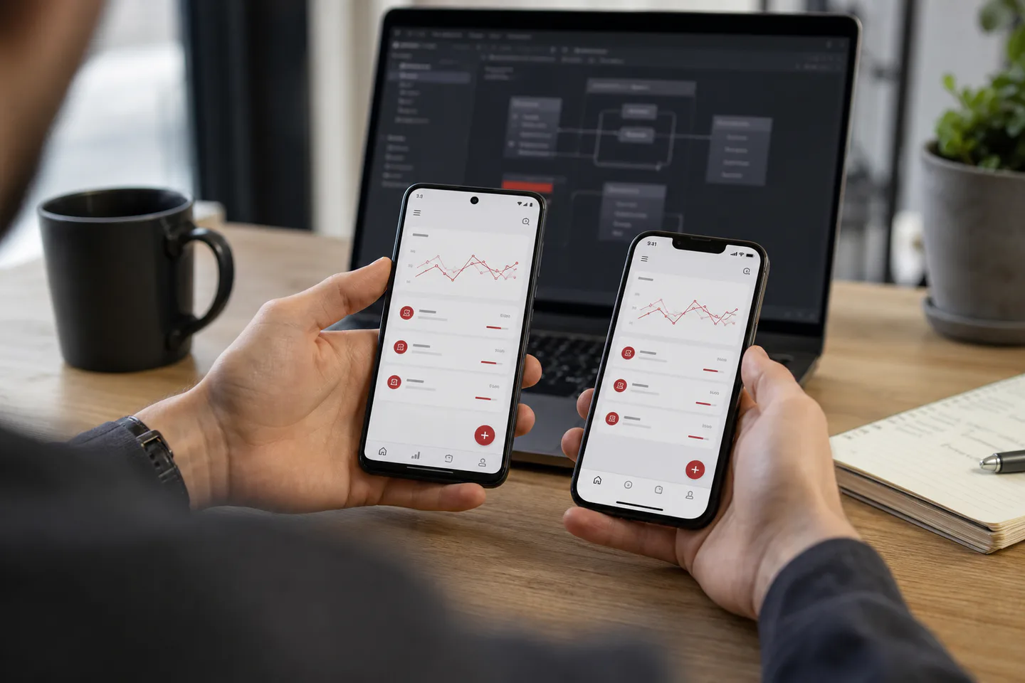 Zwei Smartphone-Apps für Android und iOS mit gemeinsamer KMP-Architektur im Hintergrund